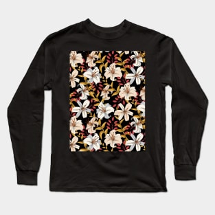 Lily Flower Pattern On Black Long Sleeve T-Shirt